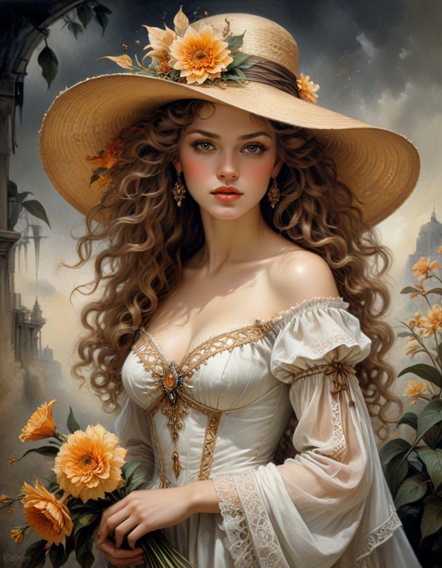 Portrait of a Young Woman with Flowers, Oil Painting Style