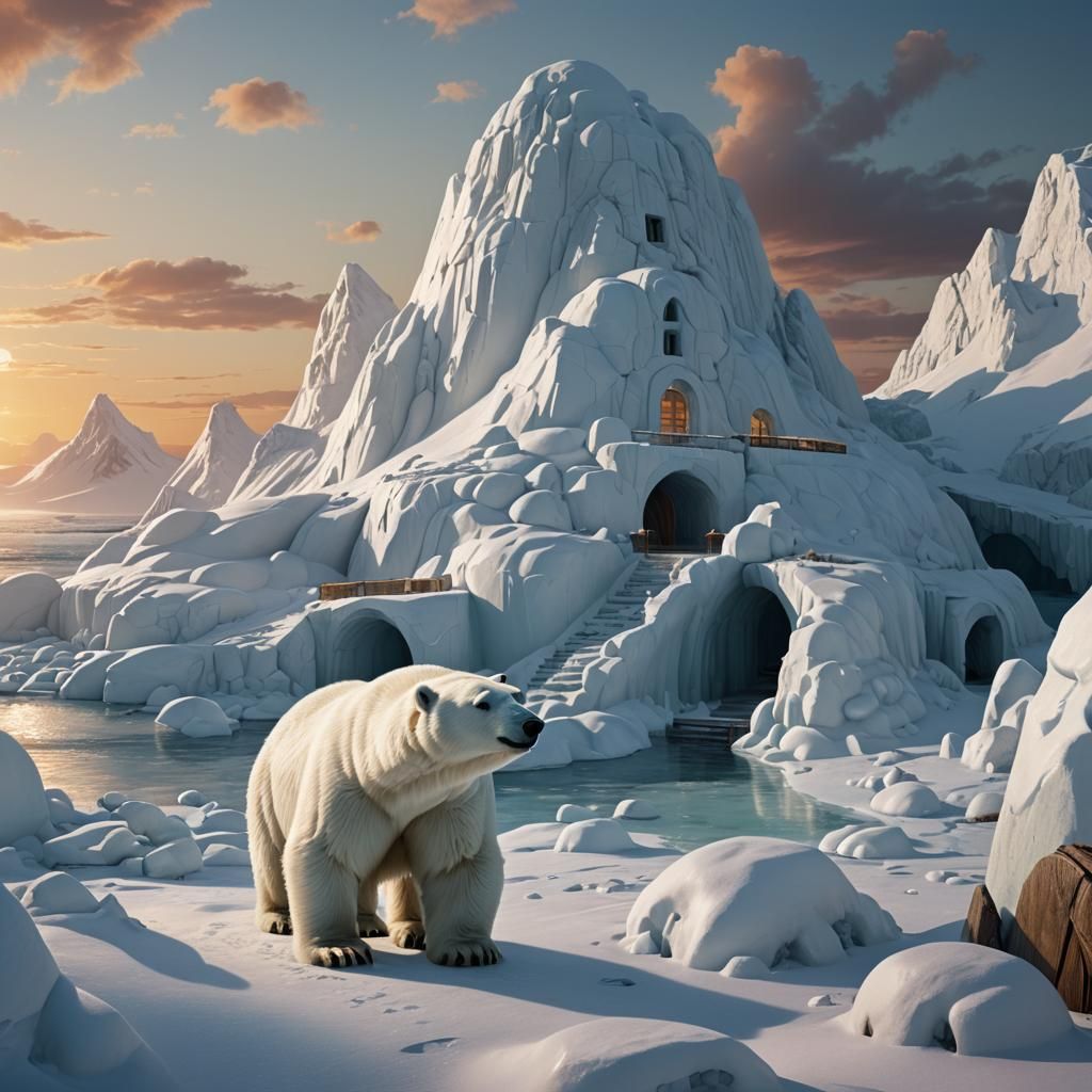 Polar Bear on Ice Floe at Sunset