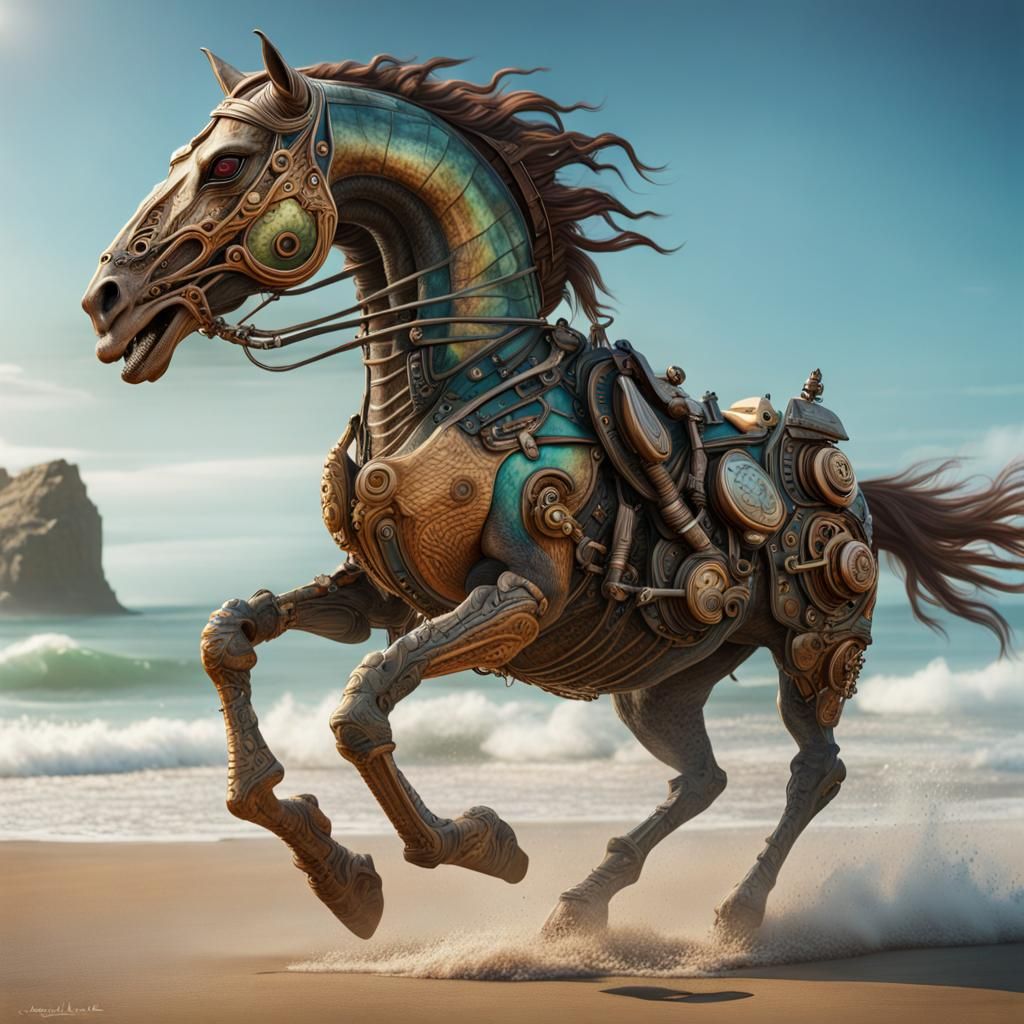 Steampunk Reptilian Horse Galloping on Alien Beach