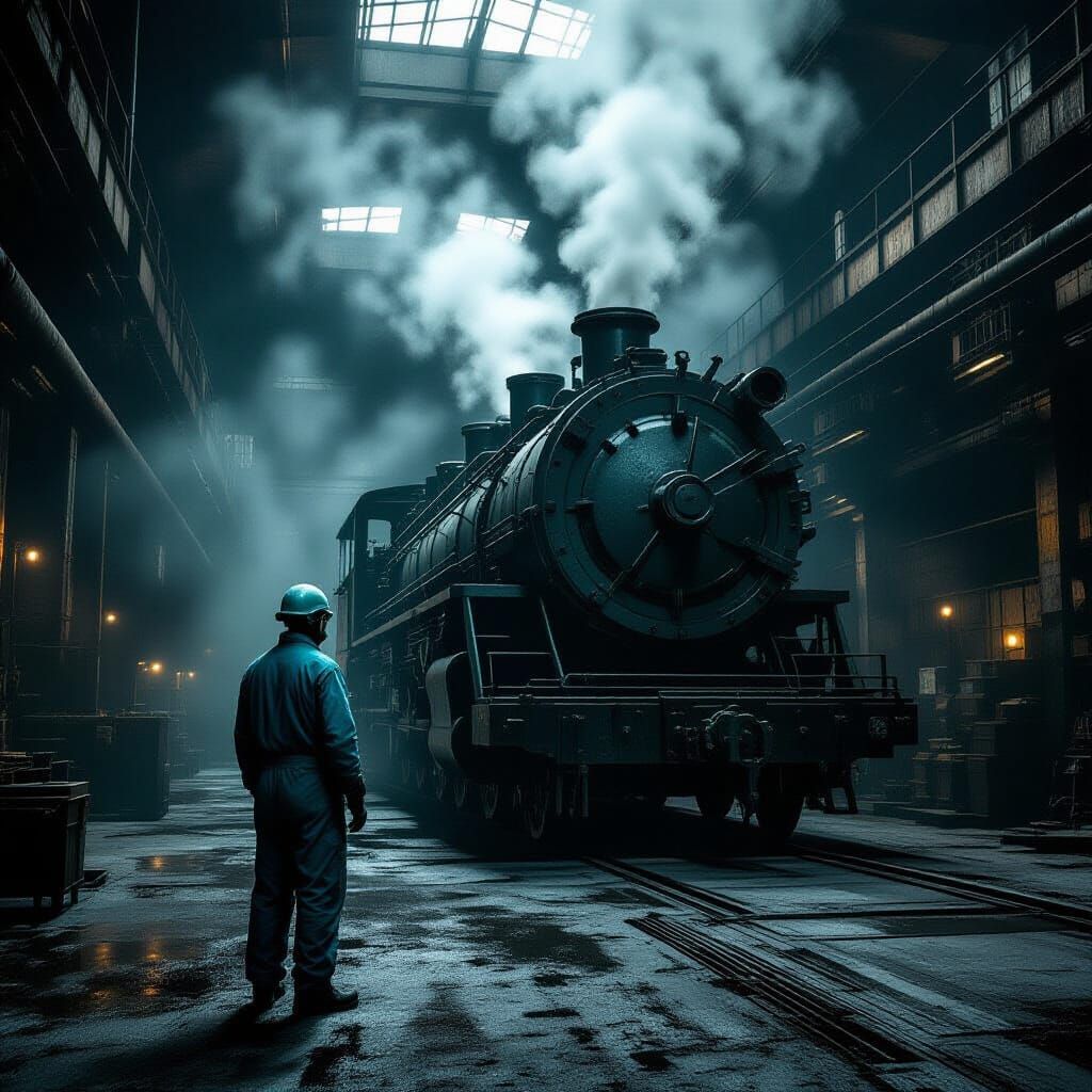Technician Beside Industrial Engine in Dimly Lit Factory