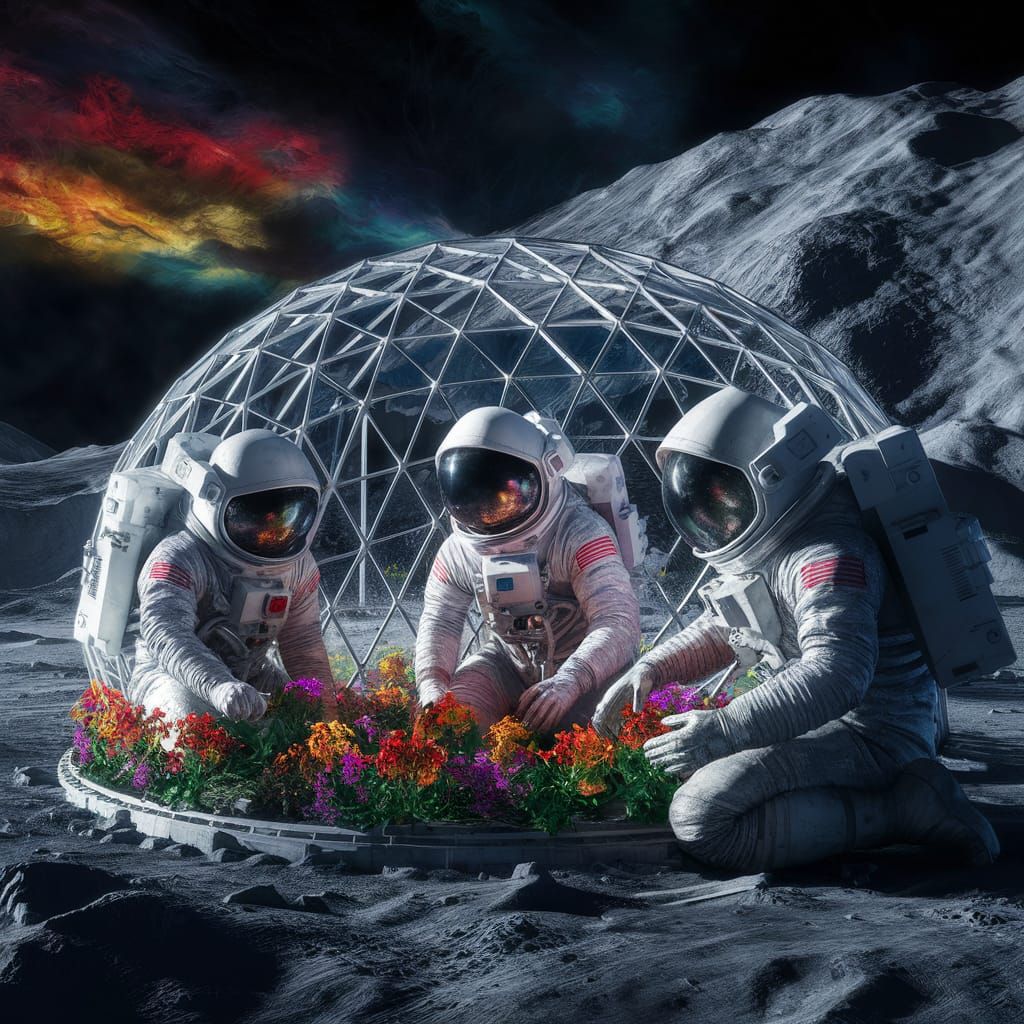 Astronauts tending lunar flowers, splash art