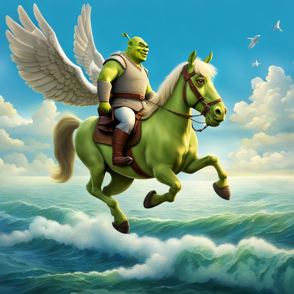 Shrek Rides Pegasus Over the Ocean