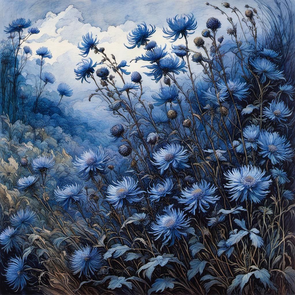Blossoming Blue Asters Dance in a Whispering Night Landscape