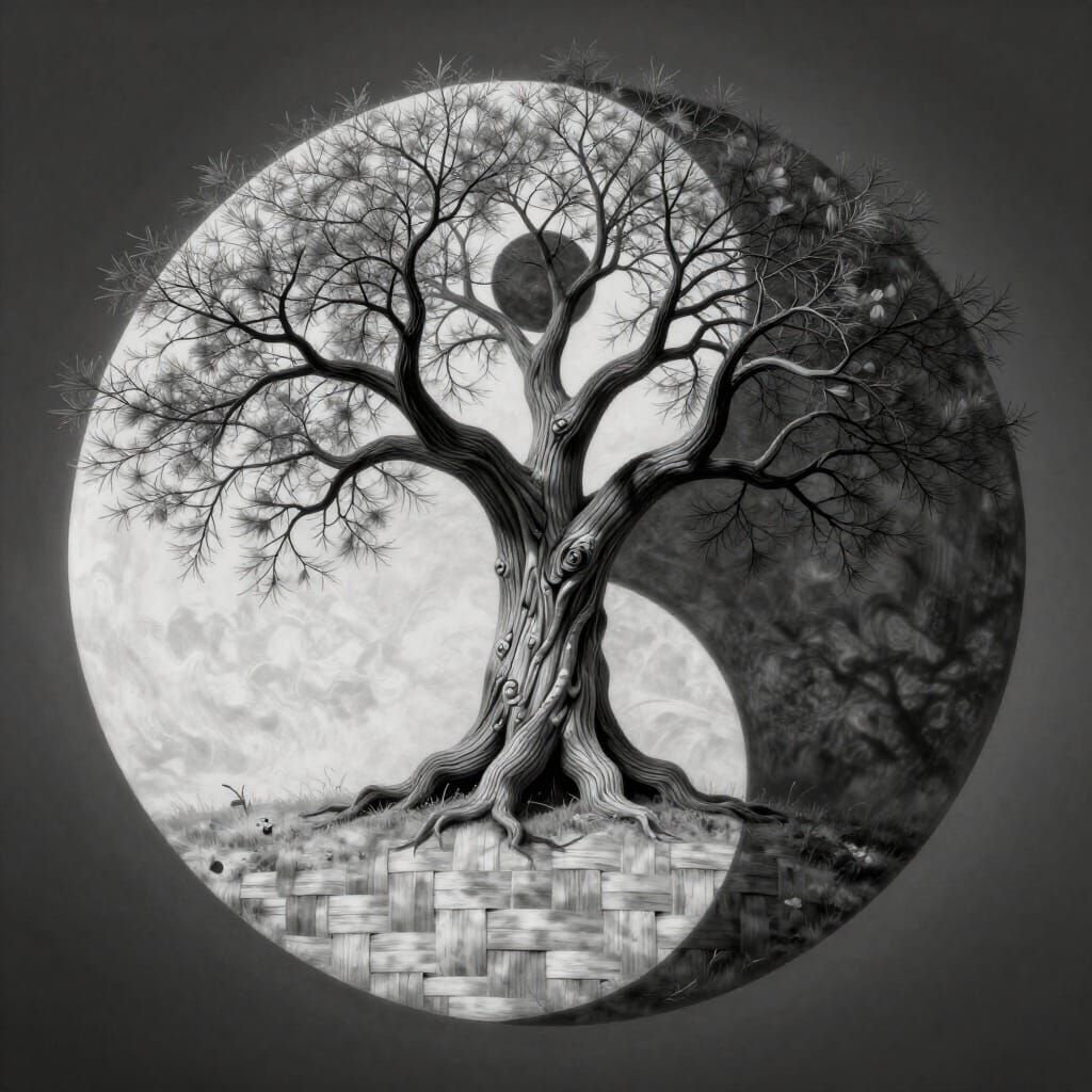 Yggdrasil on Yin Yang Symbol in Grayscale