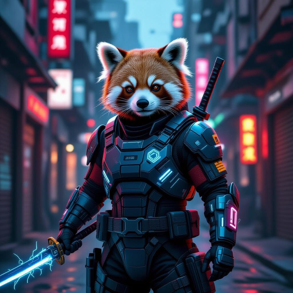 Cyberpunk Red Panda Commander in Neon Alleyways
