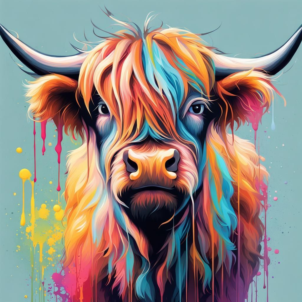 Cartoon Highland Cow in Vibrant Pastel Graffiti Style