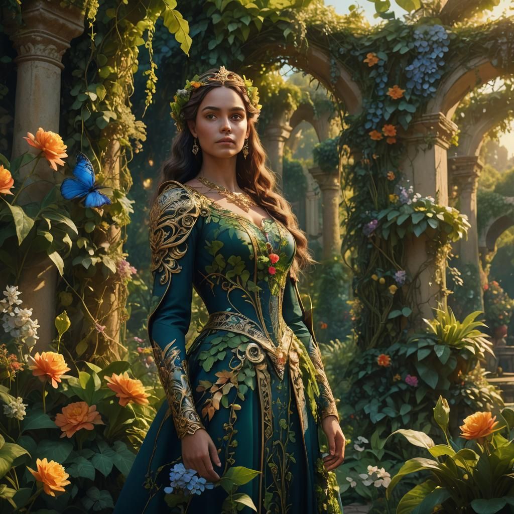 Regal Figure in Lush Garden: Fantasy Matte Painting
