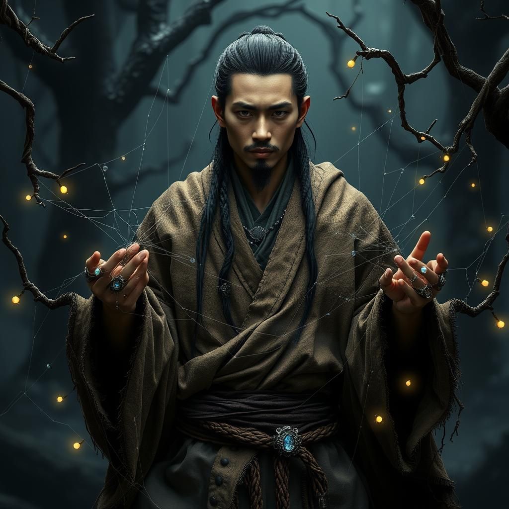 Asian Warlock in Mystical Forest, Digital Art