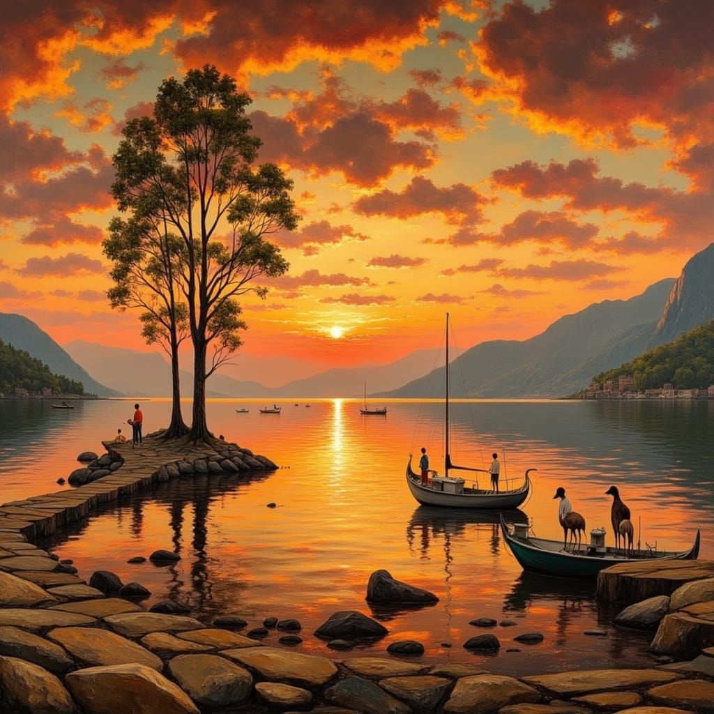 Lake Varese Sunset in Surreal Cubist Style