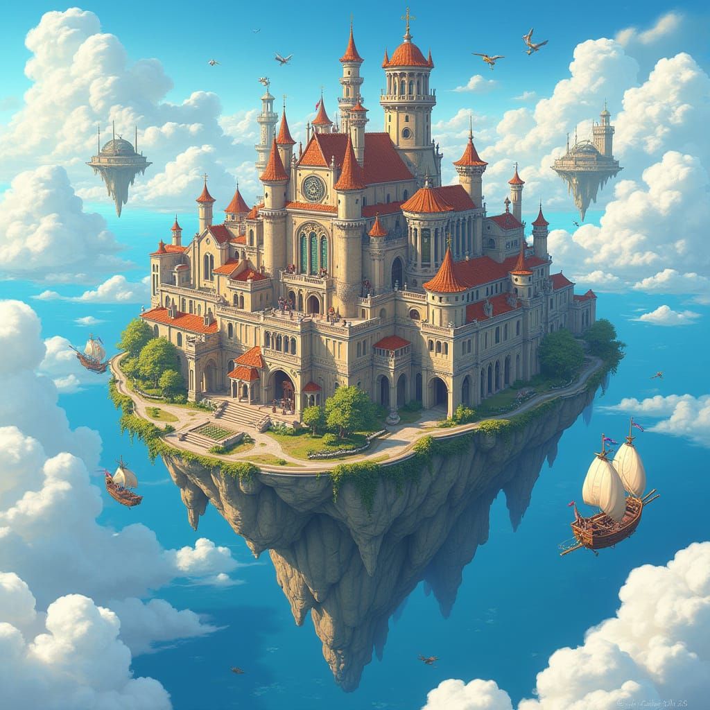 Floating Clockpunk City in Anime Style