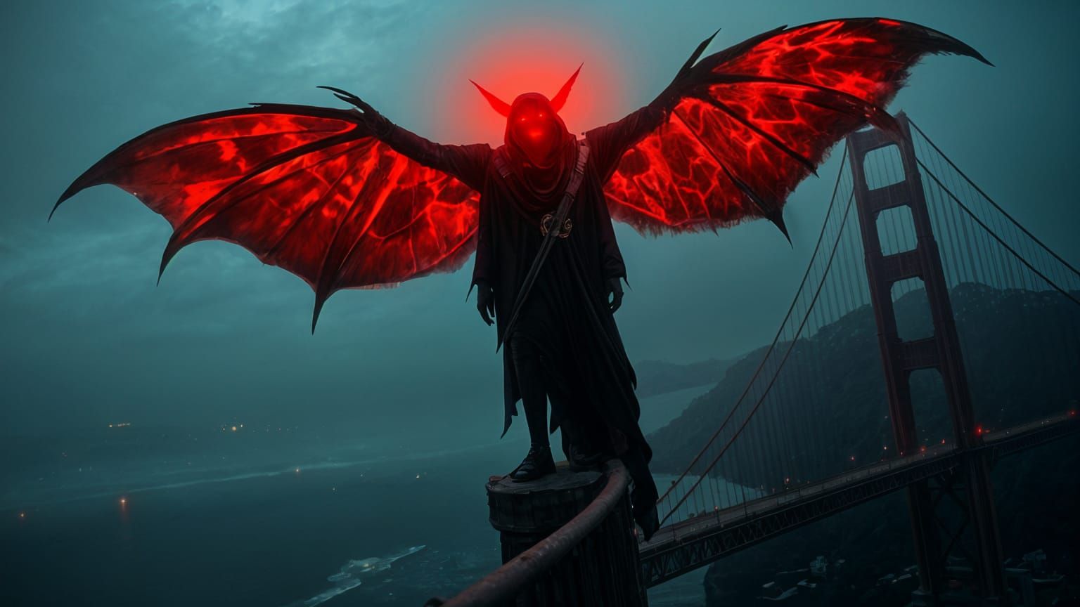 Mothman on Golden Gate Bridge in Dystopian Horror Style