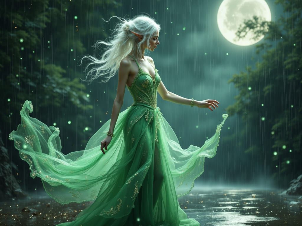 Elven Woman Dances in Rain with Dramatic Lighting