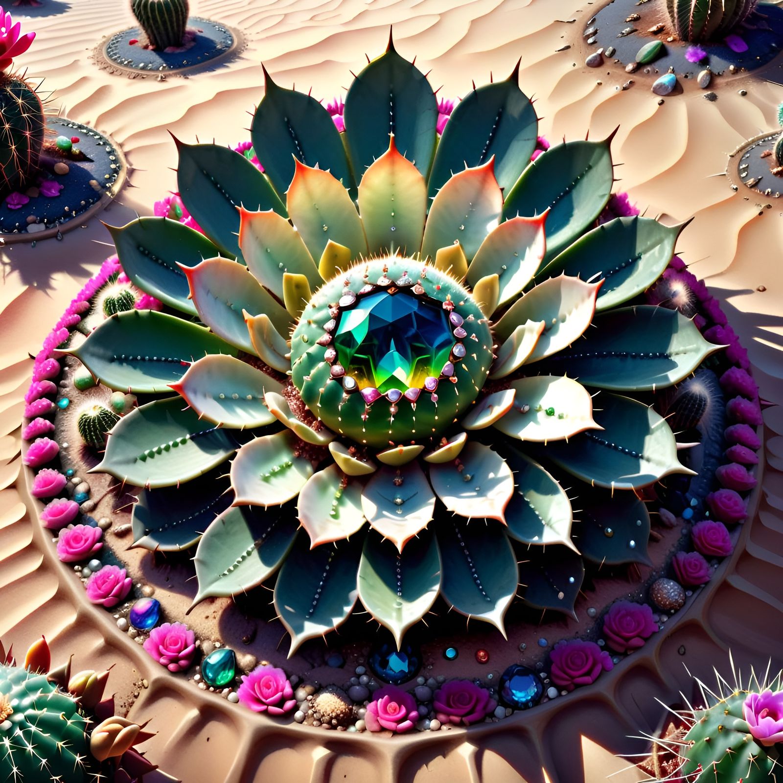 Ornate Desert Mandala with Jewels and Flora