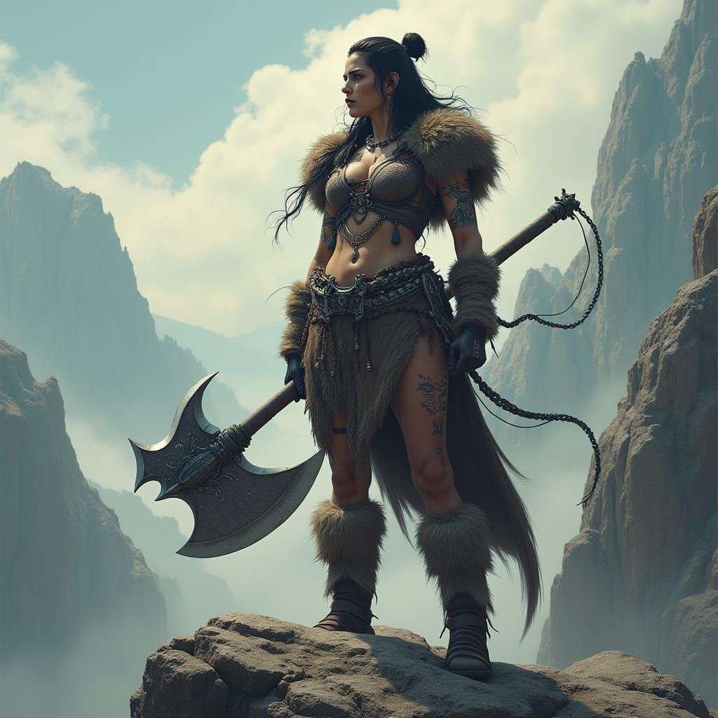 Barbarian Queen on Cliff with Axe, Splash Art