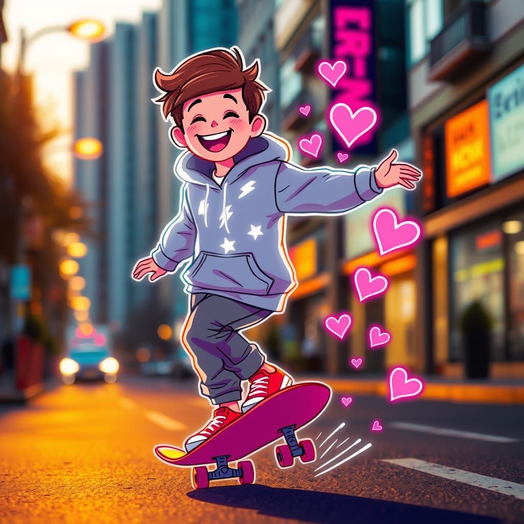 Joyful Boy on Skateboard at Golden Hour City Street