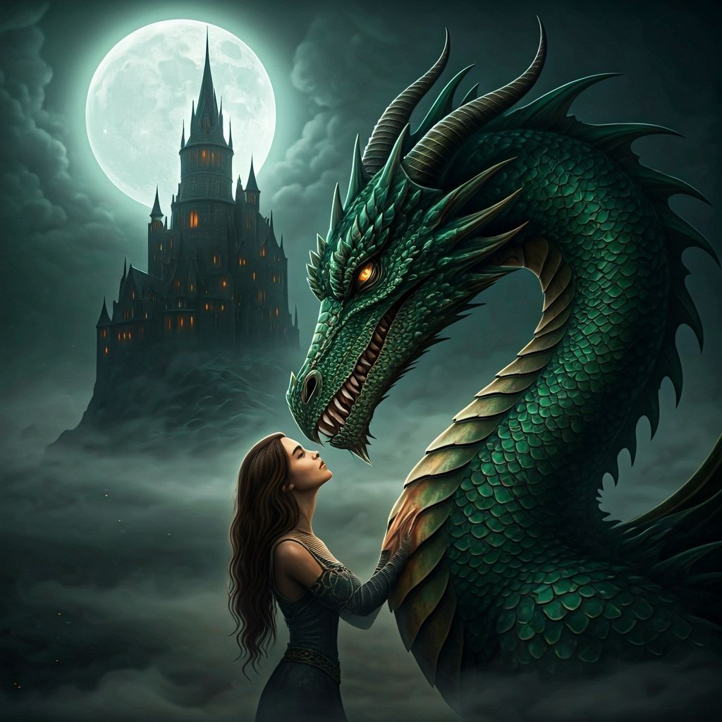 Dragon and Woman Before Castle in Dark Fantasy Style