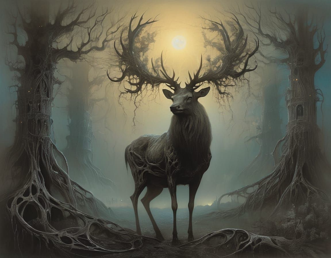 Ethereal Stag in Moonlit Forest Clearing