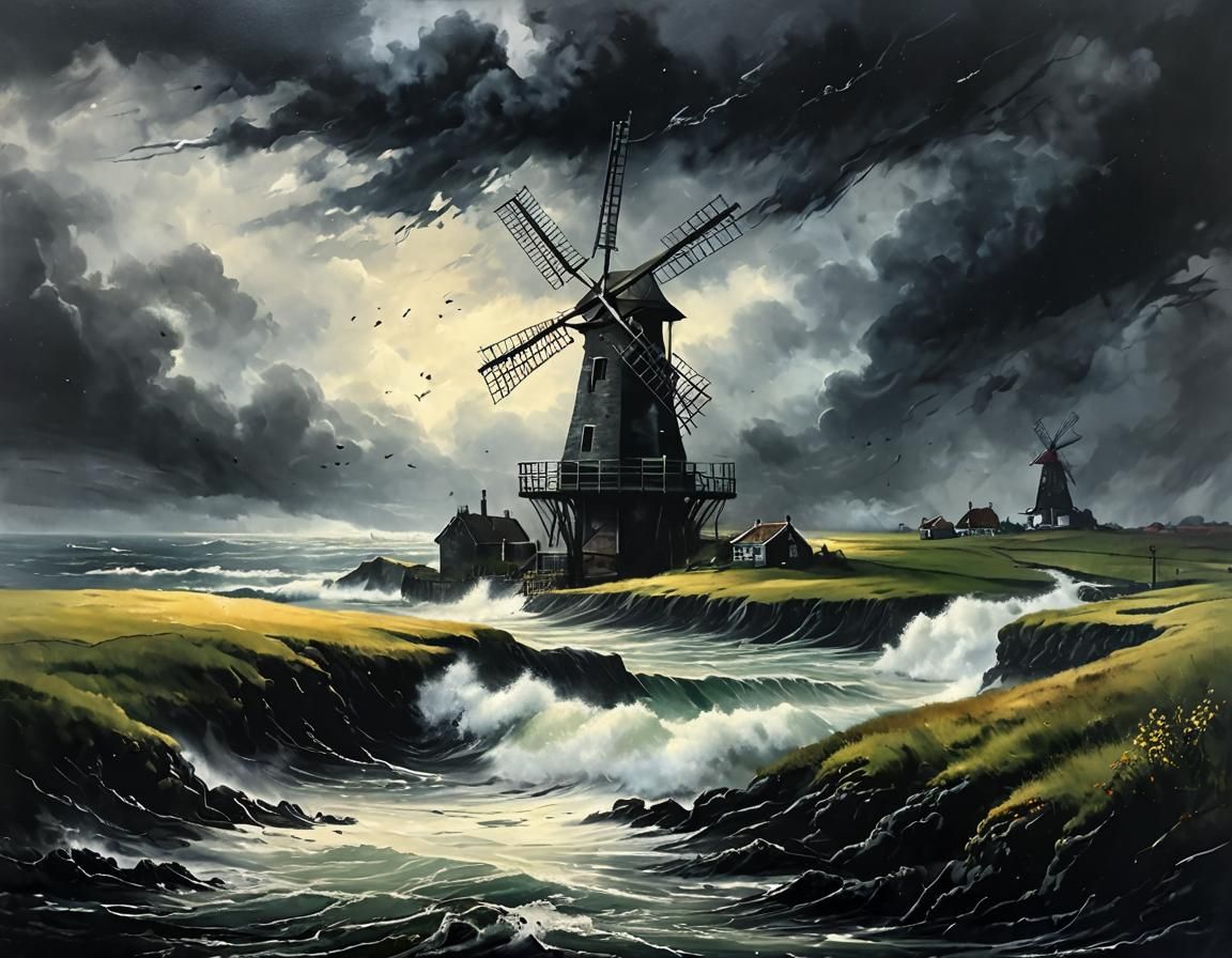 Windmill Silhouetted Against Moody Stormy Sky