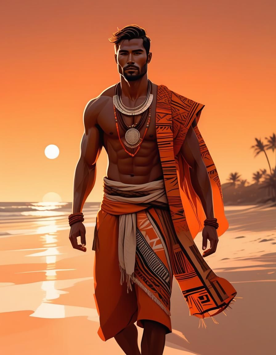 Orange Tribal Man at Sunset: Graphic Novel Art
