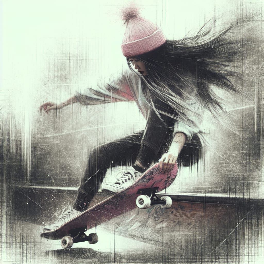 Asian Skater Girl in Motion: Digital Street Art