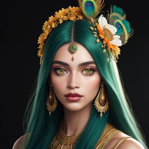 Gold Woman with Peacock Feathers Portrait
