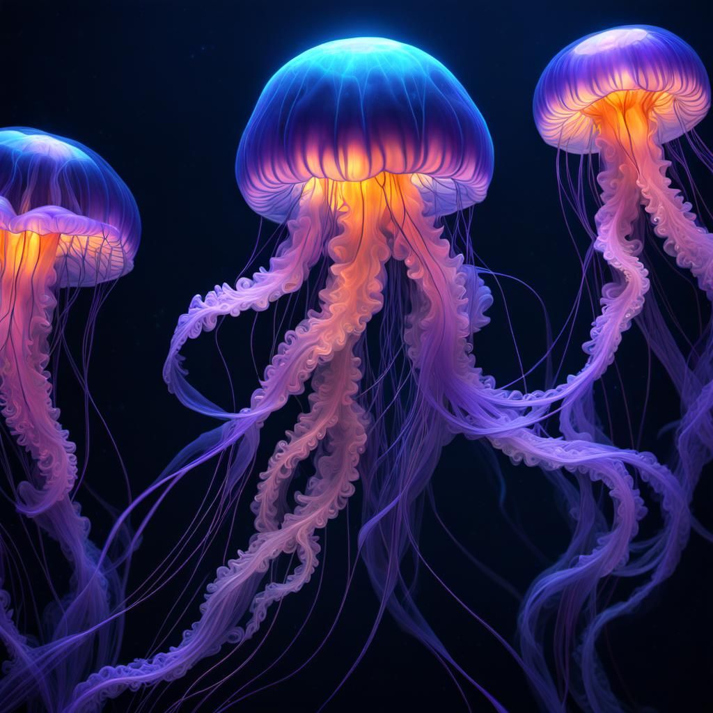 Neon Bioluminescent Jellyfish and Man-o-War in Fantasycore S...