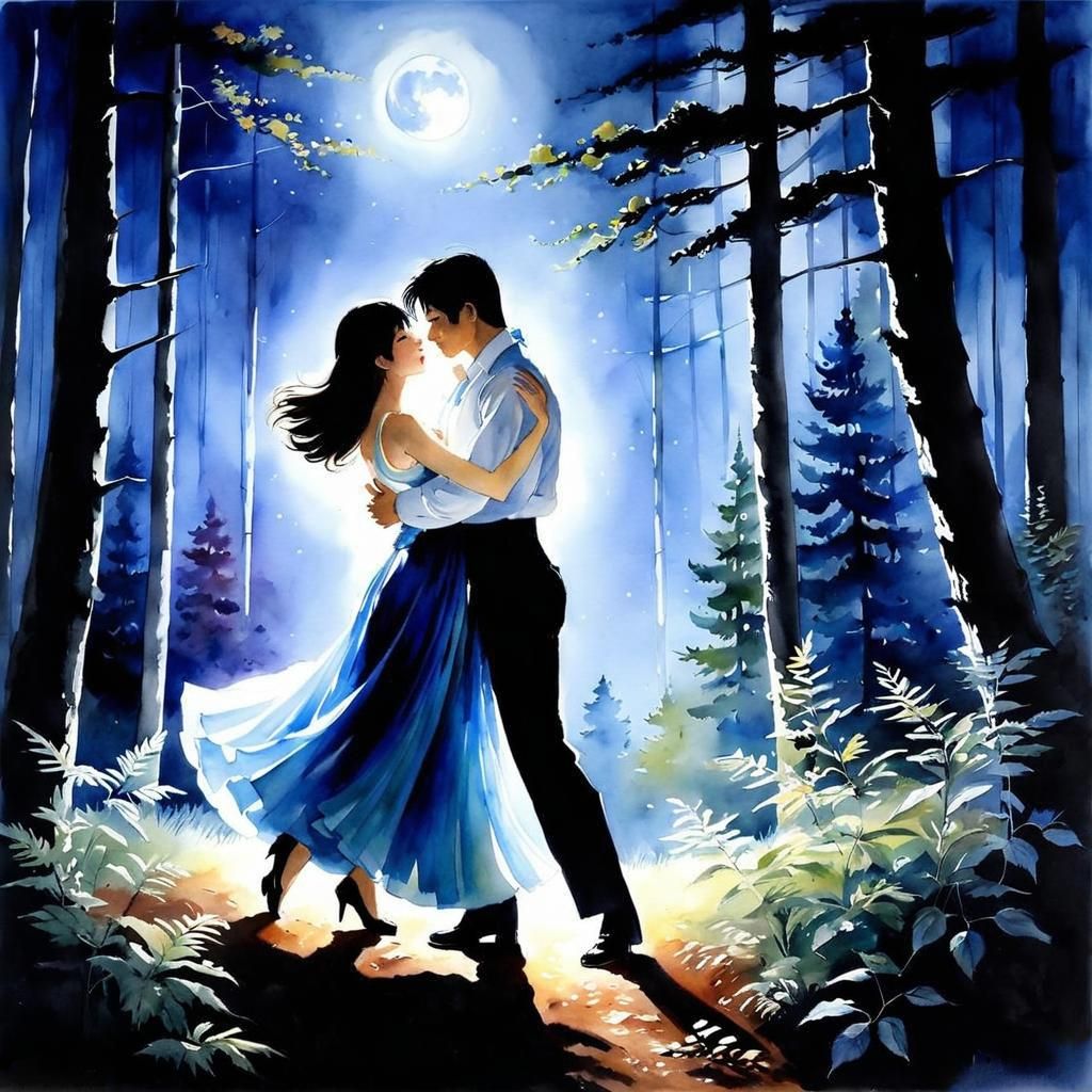 Couple Dancing in Moonlight Forest, Watercolor Style