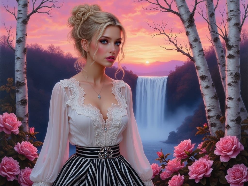 Woman in Pink Roses Before Waterfall Sunset