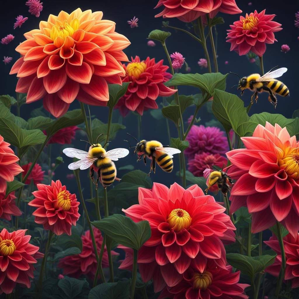Colorful Dahlias with Bee in Detailed Digital Painting