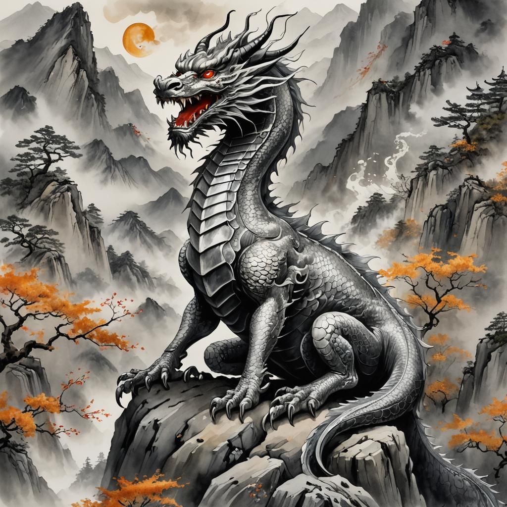 Silver Japanese Dragon in Sumi-e Style