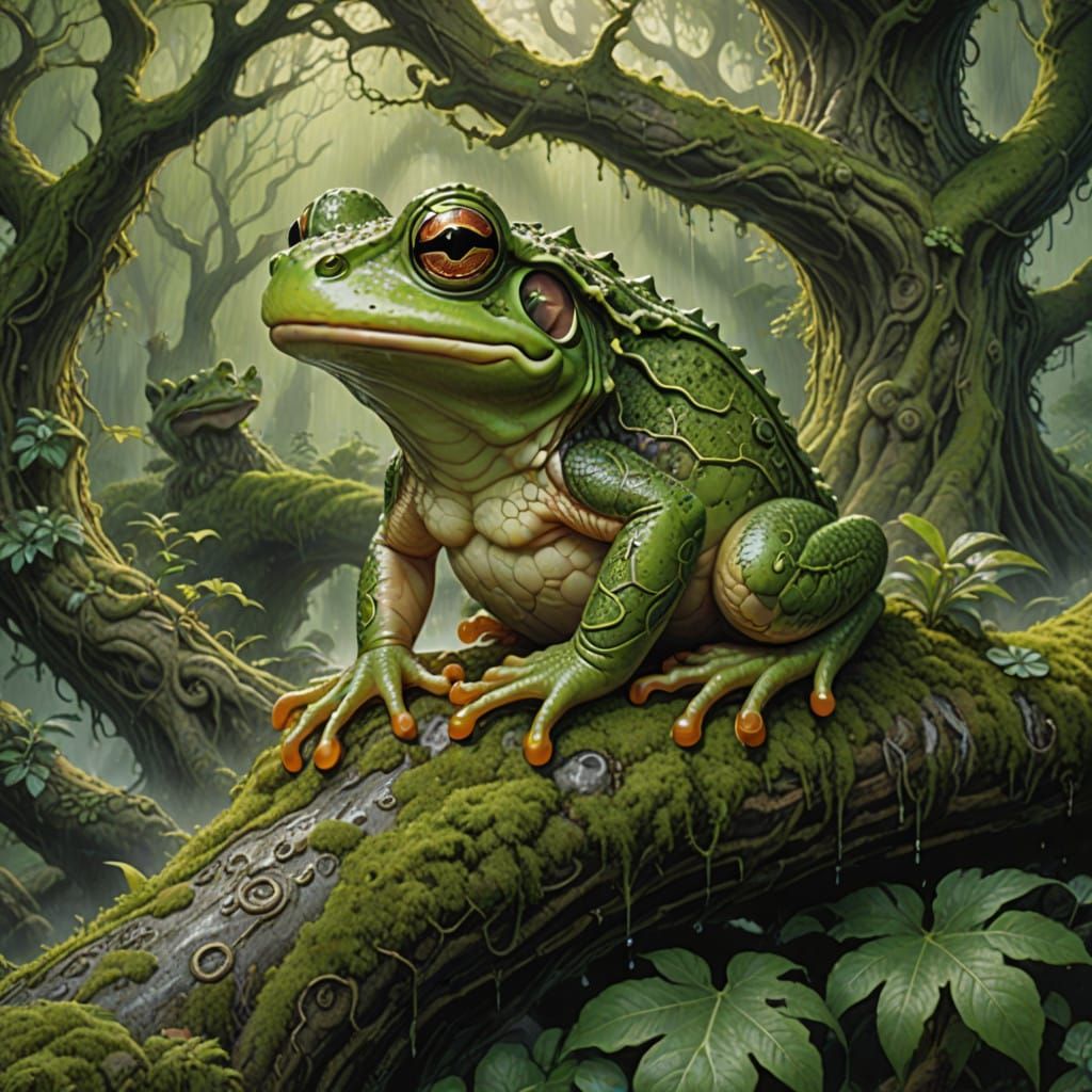 Mystical Frog Encounters Majestic Dragon in Enchanted Forest