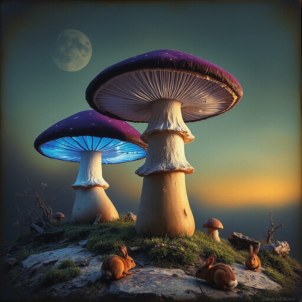 Whimsical Twilight Realm with Towering Mushrooms