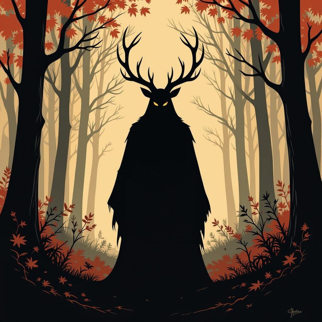 Menacing Shadow Stag Antlers in Saul Bass Style