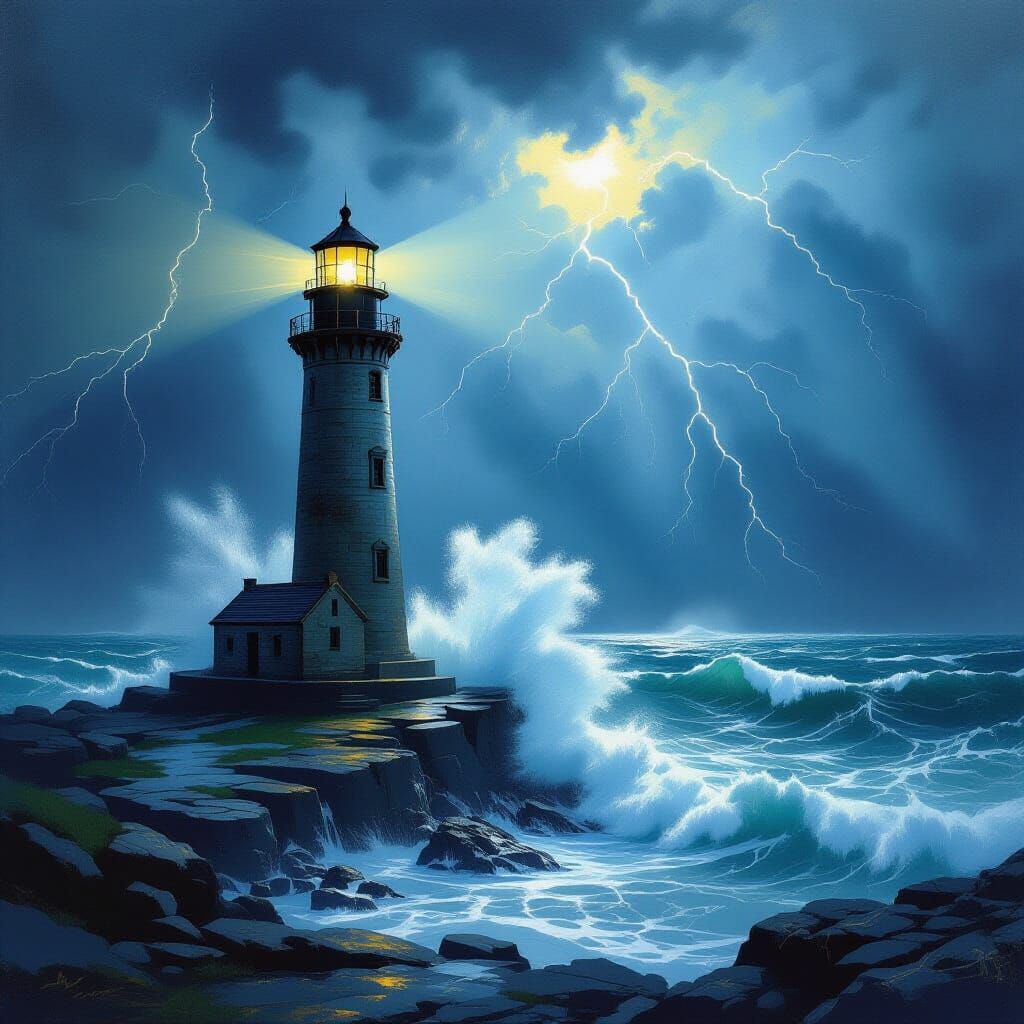 Solitary Lighthouse in a Stormy Sea