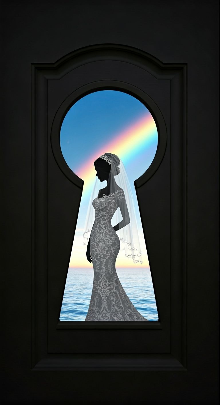 Keyhole Bride Silhouette with Rainbow Sky