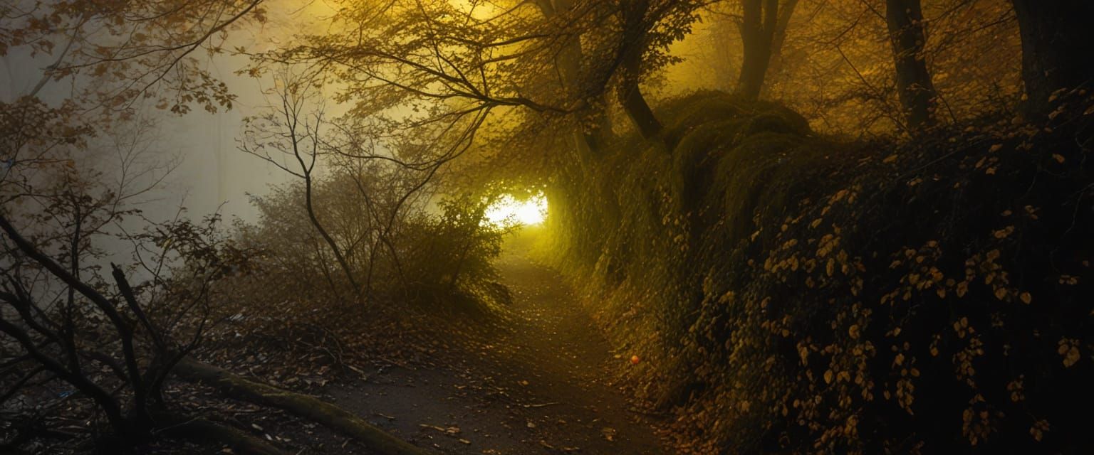 Mystical Forest Path at Night with Eerie Glow