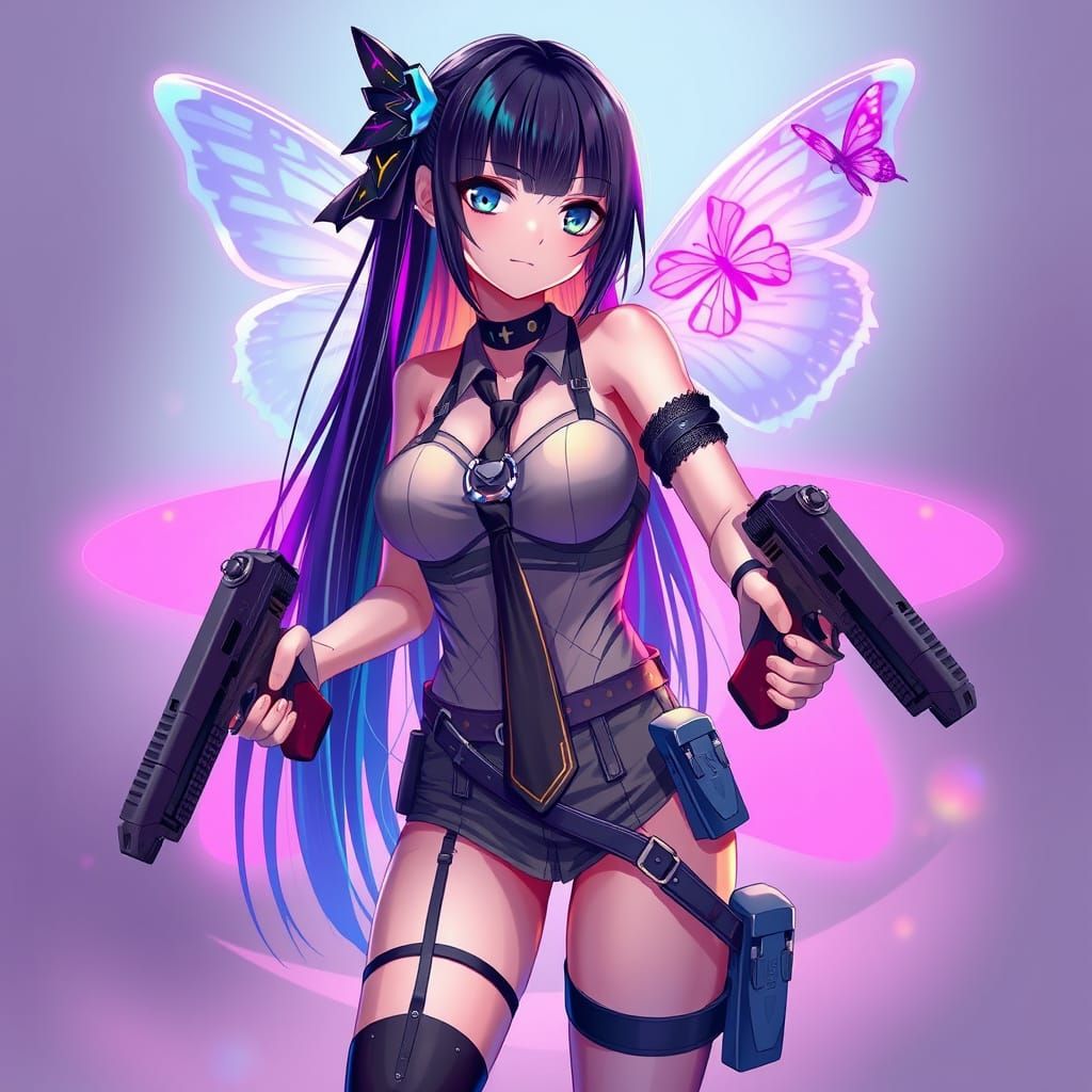 Anime Girl Enchanted by a Purple Butterfly in Vibrant Futuri...