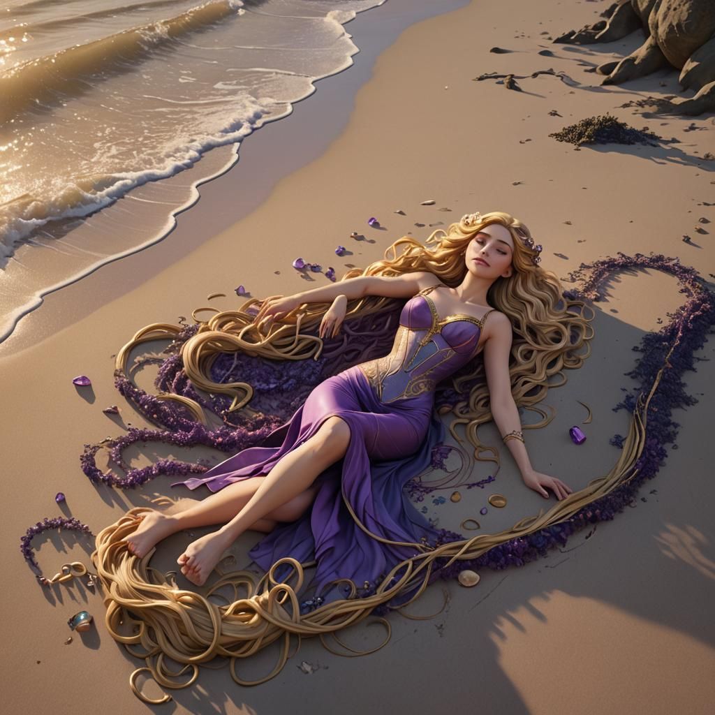 Rapunzel on the Beach: Art Nouveau Digital Painting
