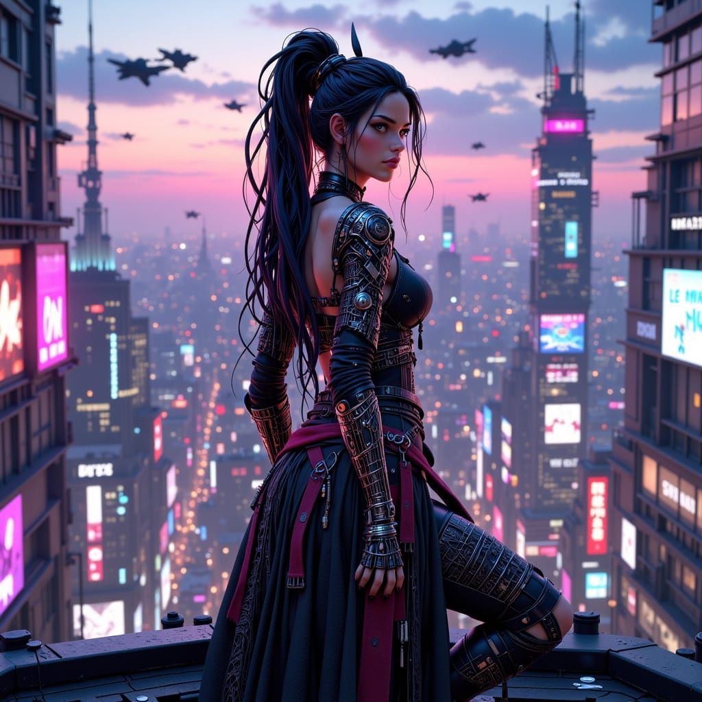 Samurai Princess in Cyberpunk Metropolis at Dusk