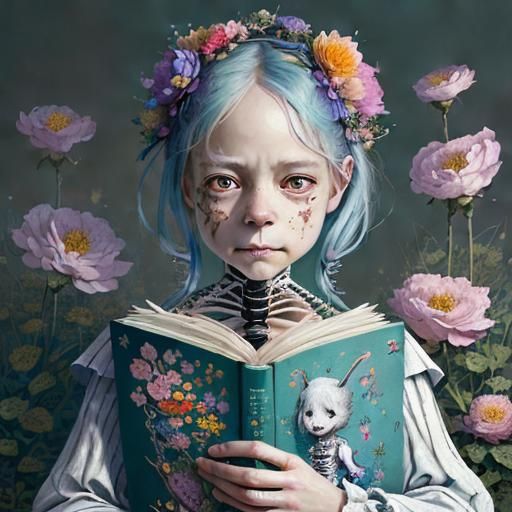 Cute Skeleton Portrait with Flowers Illustration