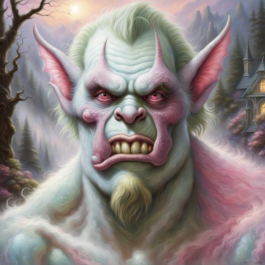 Ethereal Pink-Eyed Half-Orc in Kinkade Style