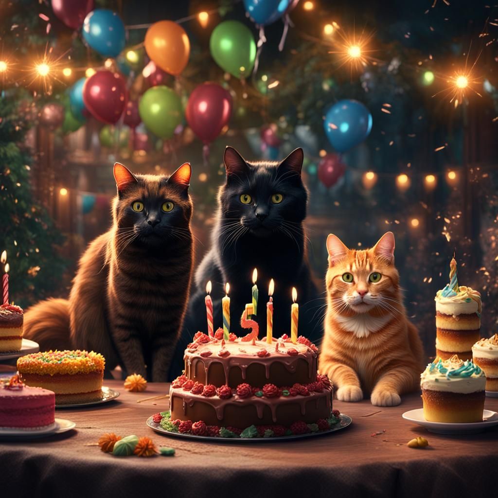 Three Cats Celebrate Birthday: Digital Art