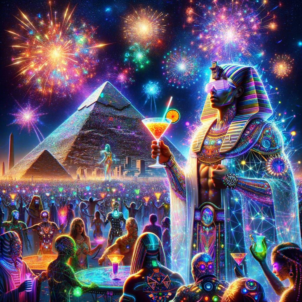 Cyberpunk Pharaoh Hosts Futuristic Rave at Iridescent Giza