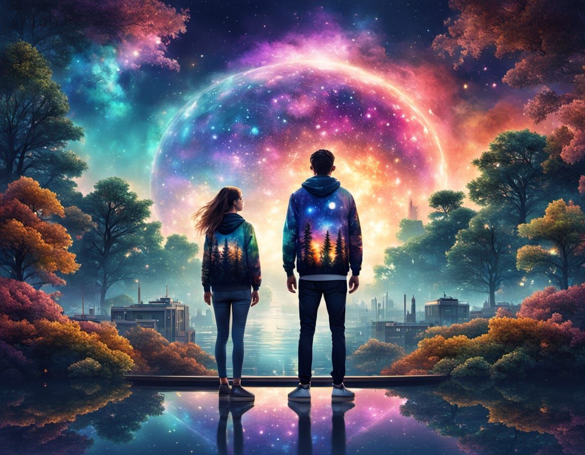 Couple in Galaxy: Double Exposure Digital Art