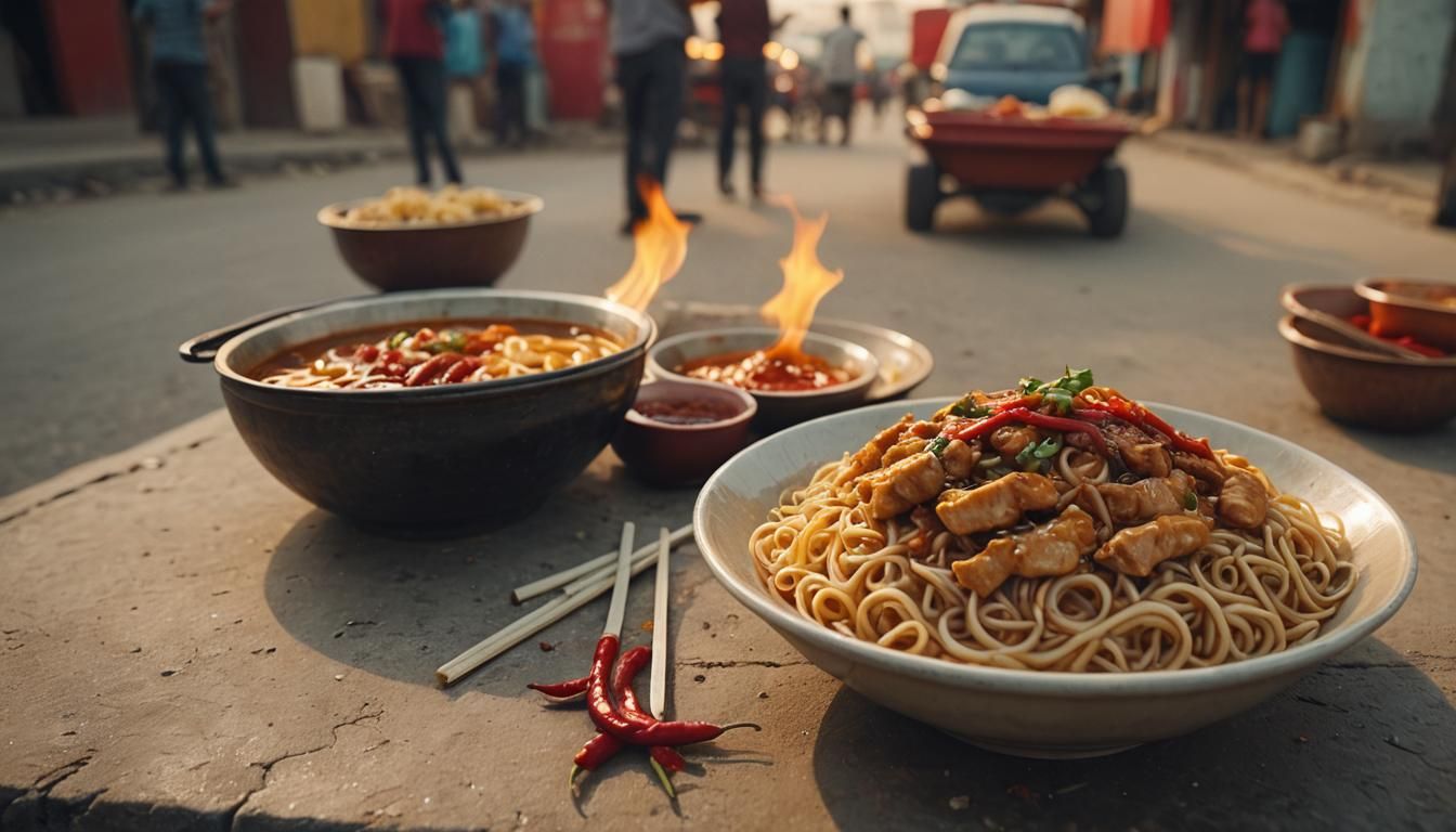 Cinematic Chicken Noodles with Spicy Chili Sauce