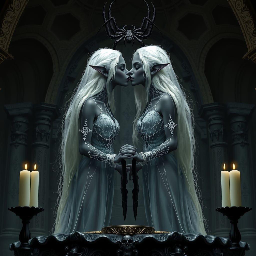 Elven Sorceresses' Kiss in Dark Fantasy Style