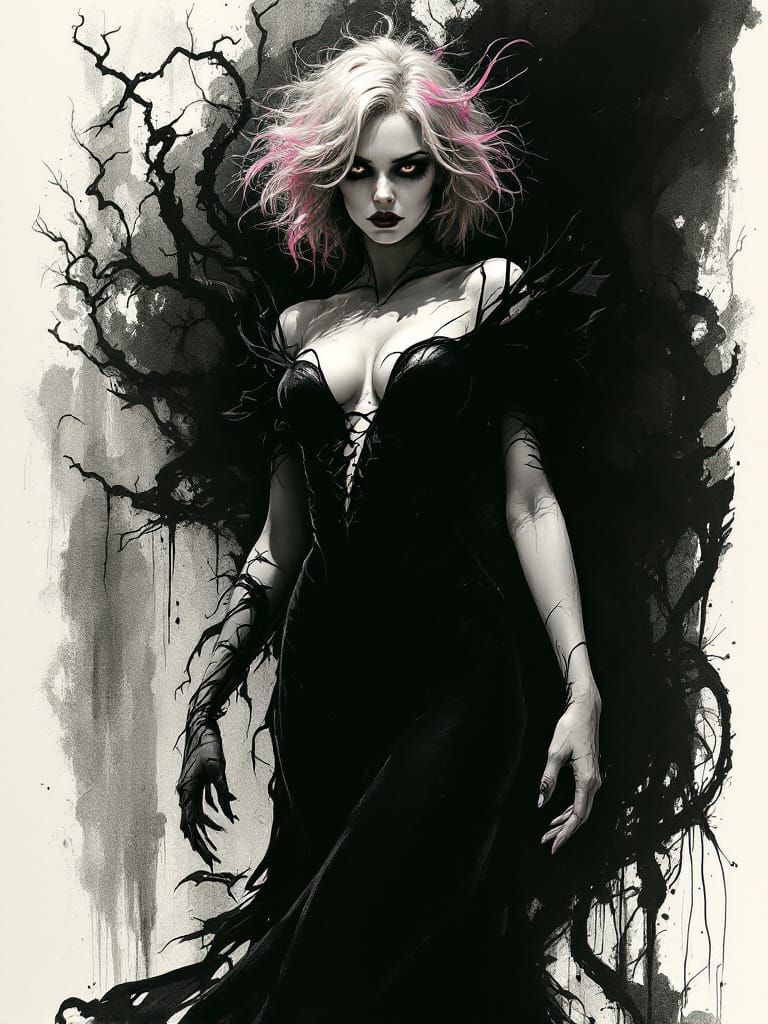 Pin Up Woman With Pink Tipped Hair in Gothic Style