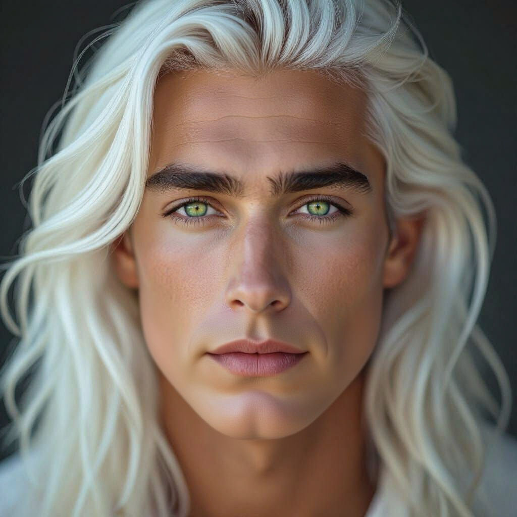 Photorealistic Close-Up of a Young Man with White Hair