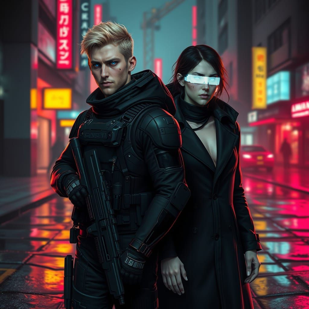 Futuristic Soldier and Scientist in Dystopian Cityscape