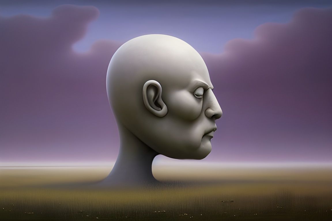 Surreal Head Sculpture in Misty Steppe, 8k Render